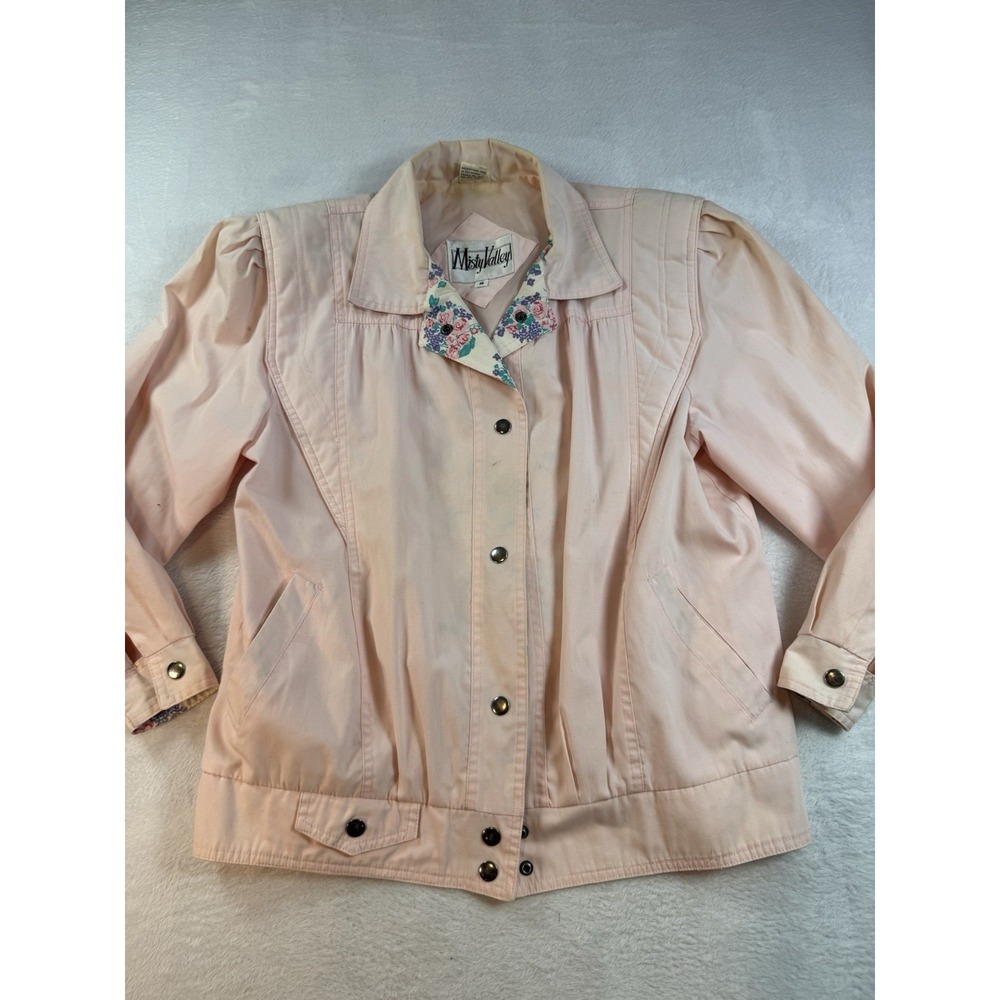 Vintage 80s Light Pink Jacket M Cotton Blend Snap Closure Gathered Shoulders